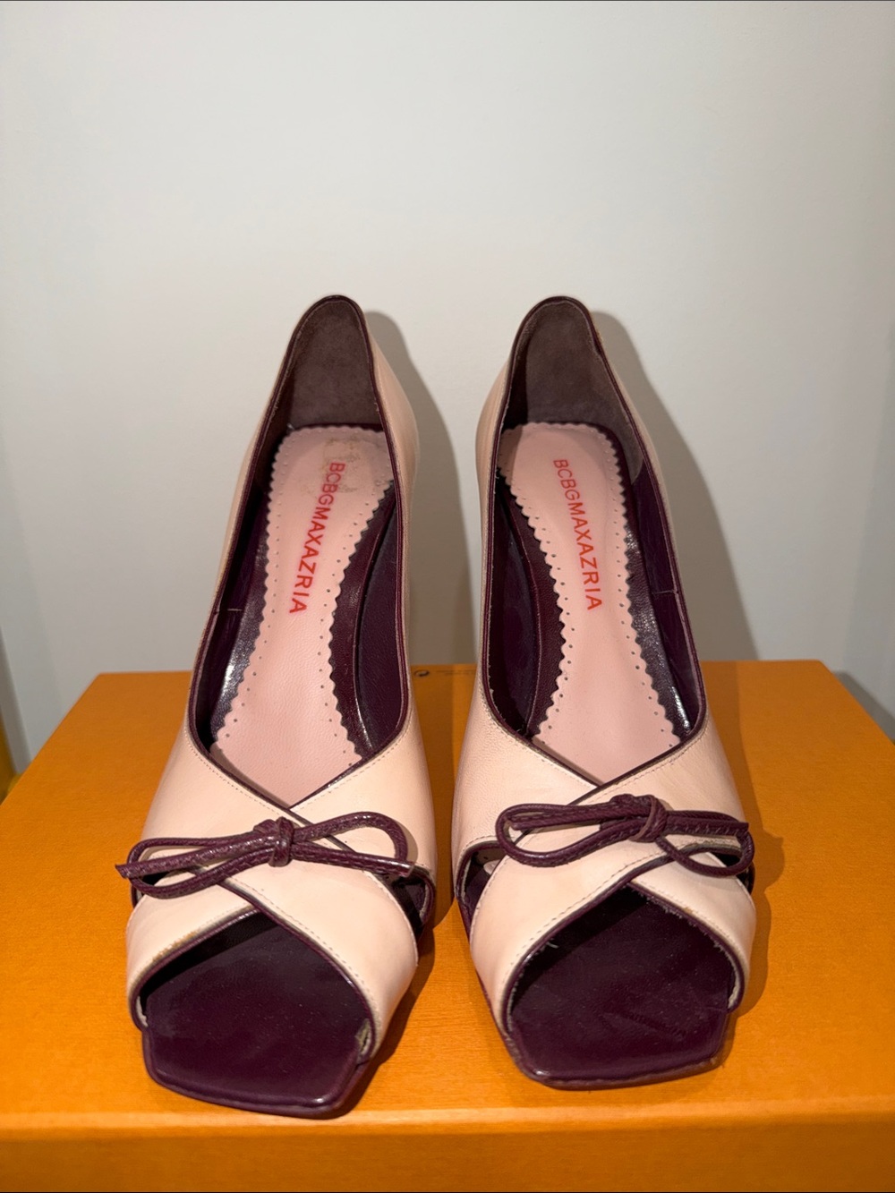 BCBGMaxAzria Two-Tone Pink and Plum Peep-Toe Heels